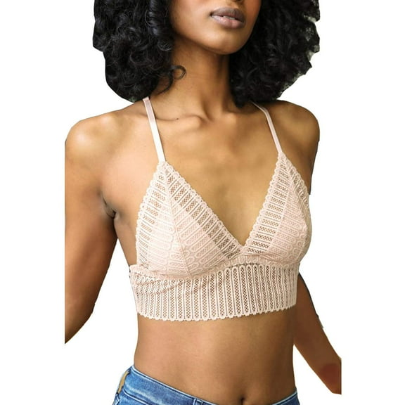 Womens Ribbed Lace Boho Racerback Bralette (Blush, Large)