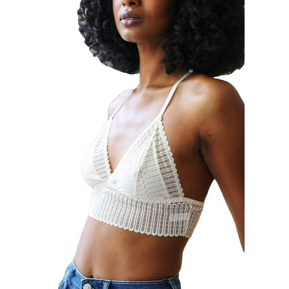Womens Ribbed Lace Boho Racerback Bralette (Ivory, Medium)