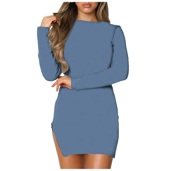 Womens Ribbed Long Leeve Tight Mini Dress Crewneck Solid Side Zipper Slim Fitted Short Mini Dress Pencil Dress