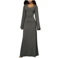 thumbnail image 1 of Womens Ribbed Long Sleeve Bodycon Maxi Dresses Scoop Neck Casual Soft Stretch Fall Spring Long Dress Solid Color (Large, Dark Gray), 1 of 4
