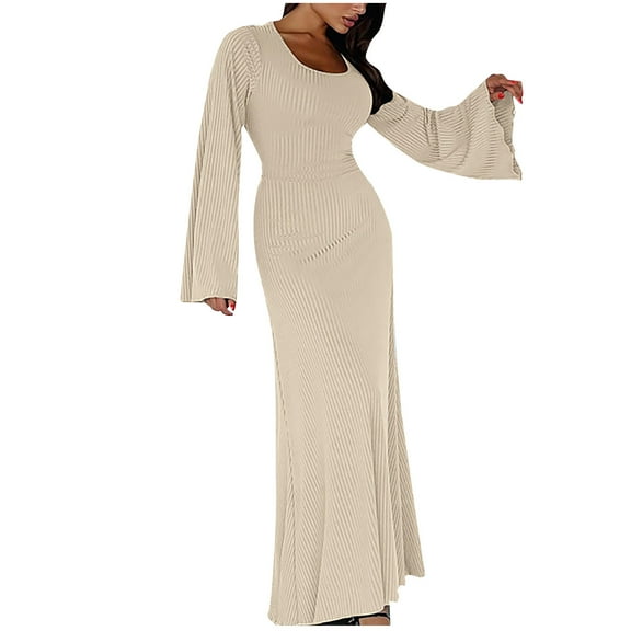 Womens Ribbed Long Sleeve Bodycon Maxi Dresses Scoop Neck Casual Soft Stretch Fall Spring Long Dress Solid Color (Small, Beige)