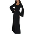 thumbnail image 1 of Womens Ribbed Long Sleeve Bodycon Maxi Dresses Scoop Neck Casual Soft Stretch Fall Spring Long Dress Solid Color (Small, Black), 1 of 4