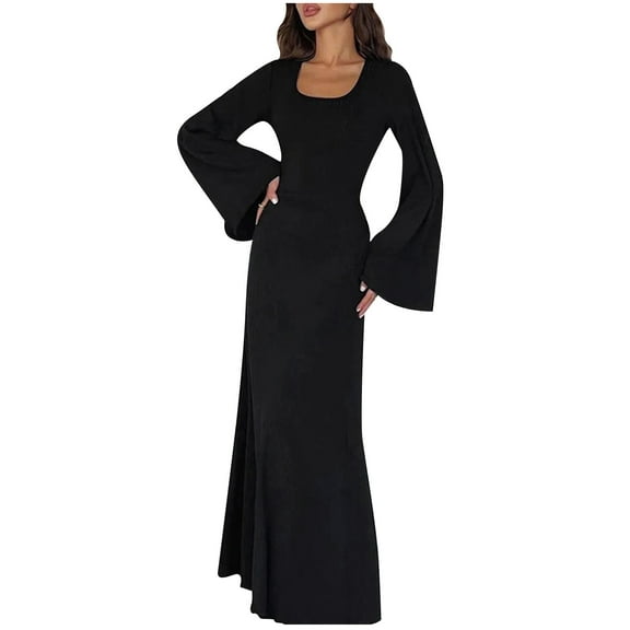 Womens Ribbed Long Sleeve Bodycon Maxi Dresses Scoop Neck Casual Soft Stretch Fall Spring Long Dress Solid Color (Small, Black)