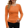 thumbnail image 1 of Womens Ribbed Long Sleeve Crewneck Casual Slim Basic Shirts Fitted Knit Tops Orange Color M, 1 of 5