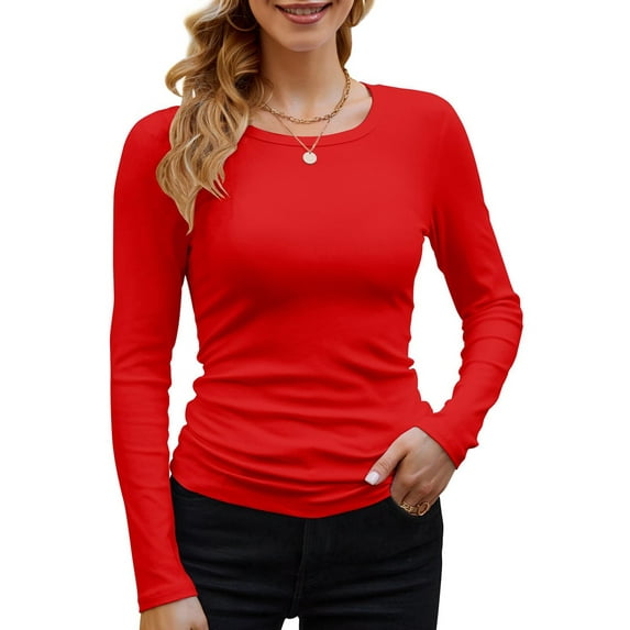 Womens Ribbed Long Sleeve Crewneck Casual Slim Basic Shirts Fitted Knit Tops Red M