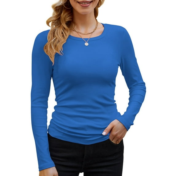 Womens Ribbed Long Sleeve Crewneck Casual Slim Basic Shirts Fitted Knit Tops Royal Blue L