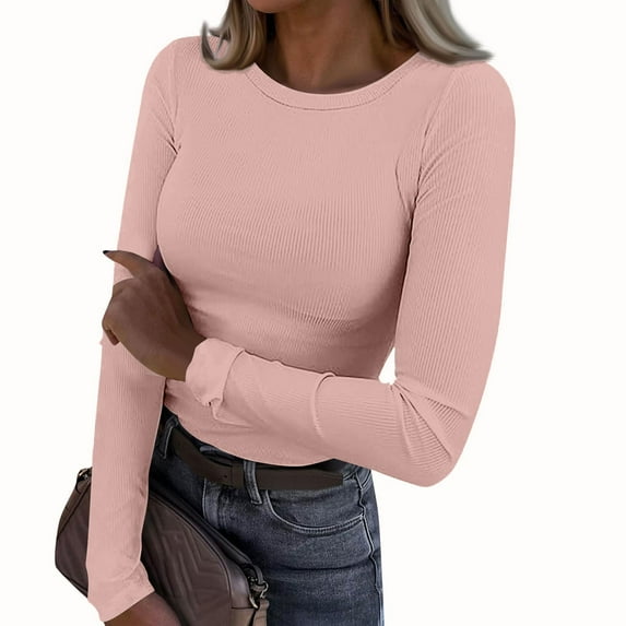 Womens Ribbed Long Sleeve Shirts Slim Fit Stretch Crewneck Basic Casual Knit Tops