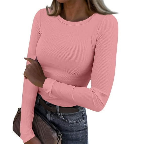Womens Ribbed Long Sleeve Shirts Slim Fit Stretch Crewneck Basic Casual Knit Tops