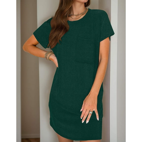 Womens Ribbed Mini Tshirt Dress Casual Summer Crewneck Short Sleeve Dress
