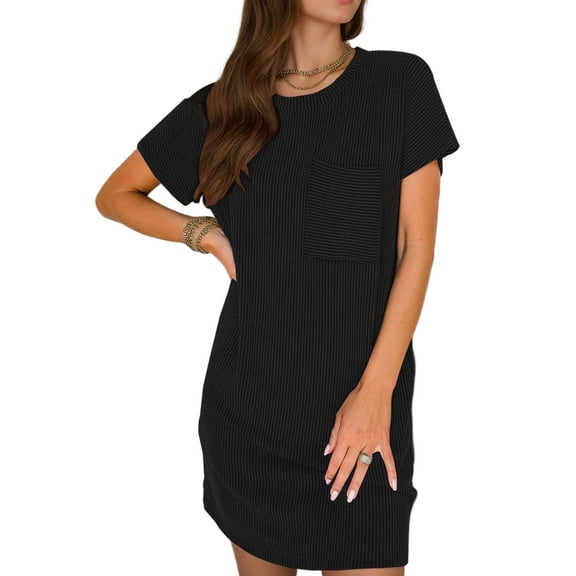 Womens Ribbed Mini Tshirt Dress Casual Summer Crewneck Short Sleeve Dress