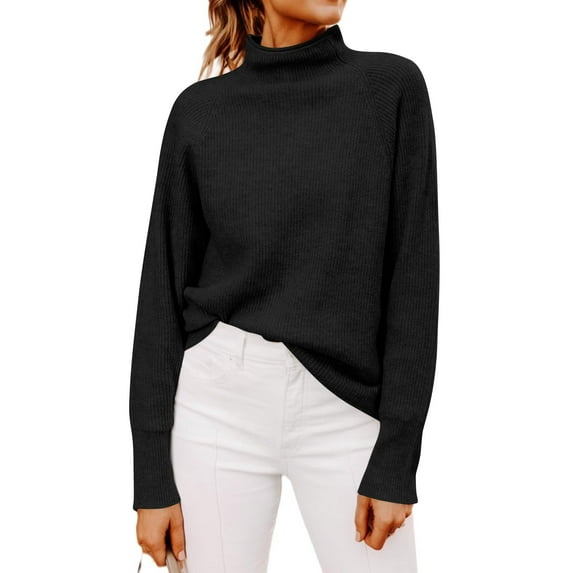 Womens Ribbed Mock Neck Batwing Sleeve Sweater Knitted Pullover Sweaters