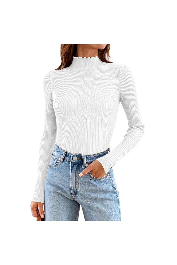 Womens Ribbed Mock Turtleneck Tops Long Sleeve Soft Modal Lettuce Edge Fitted Fall Winter Basic Undershirts White S