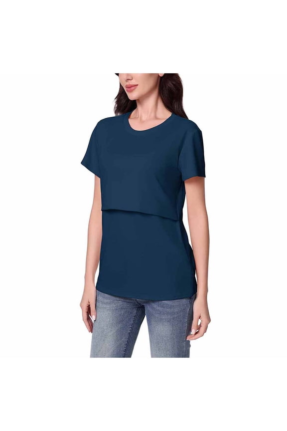 Womens Ribbed Nursing Tops Double Layers Stretch Soft Maternity T-Shirts Short Sleeve Crew Neck Pregnancy Clothes (S, Navy)