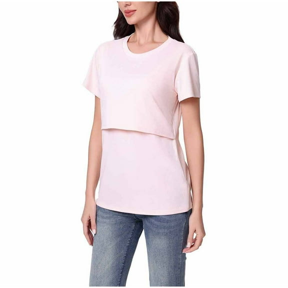 Womens Ribbed Nursing Tops Double Layers Stretch Soft Maternity T-Shirts Short Sleeve Crew Neck Pregnancy Clothes (XL, Pink)