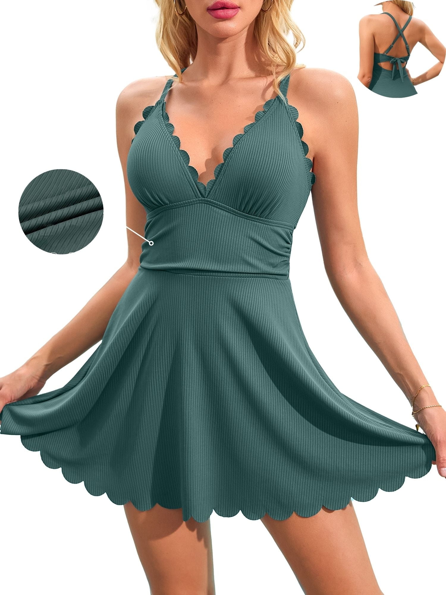 Asoul Womens Scalloped V Neck One Piece Monokini Swimsuit Ribbed ...