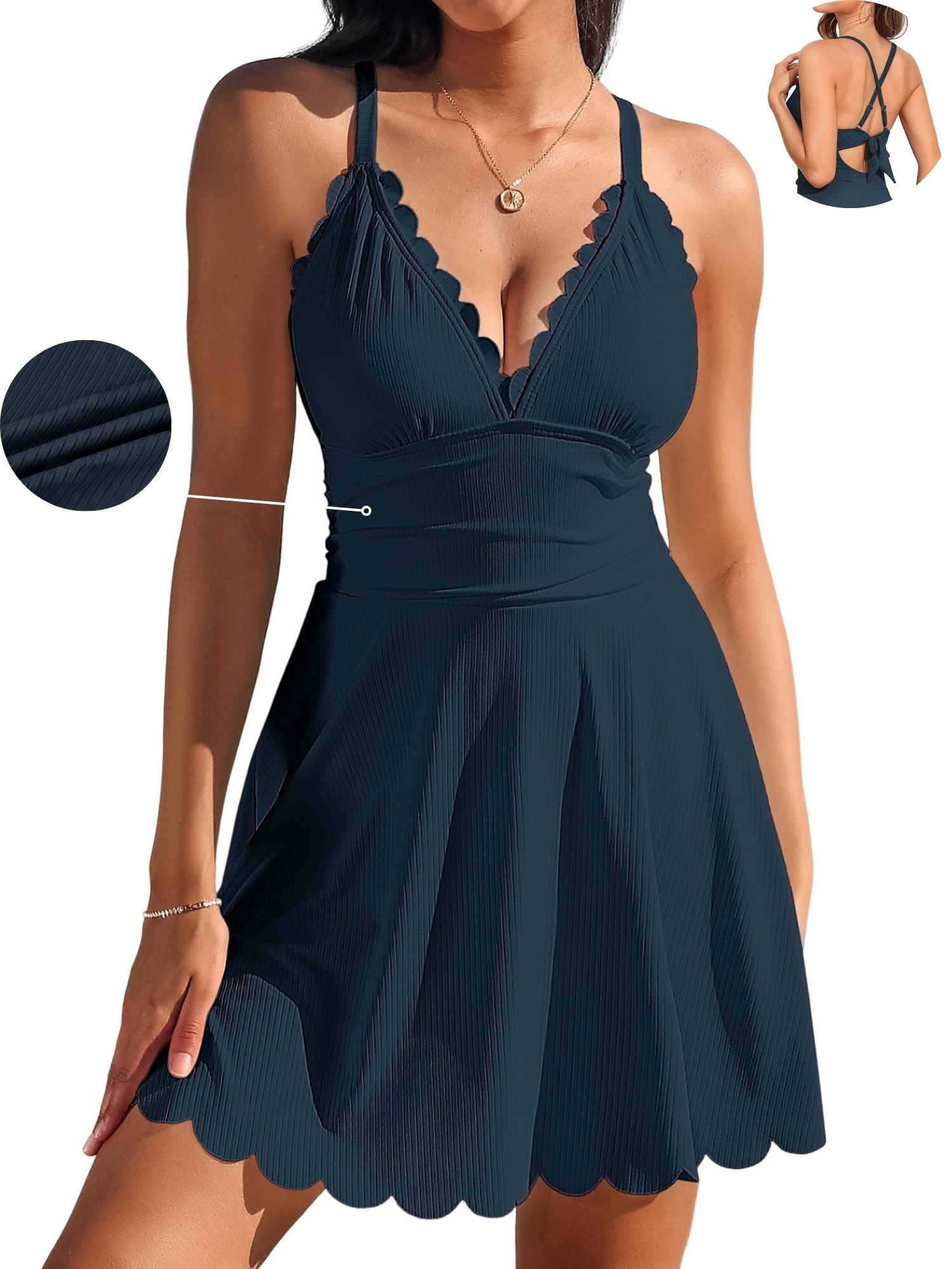 Women Scalloped V Neck Cut Out Monokini Swimwear