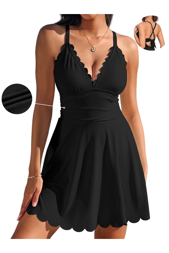 Womens Scalloped V Neck One Piece Monokini Swimsuit Ribbed Swimdress Adjustable Shoulder Bath Suit Tummy Control Swimwear