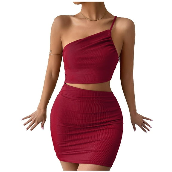 Womens Ribbed One Shoulder Mini Bodycon Dress Sleeveless Cutout Short Dress Plain Slim Fitted Party Club Dress