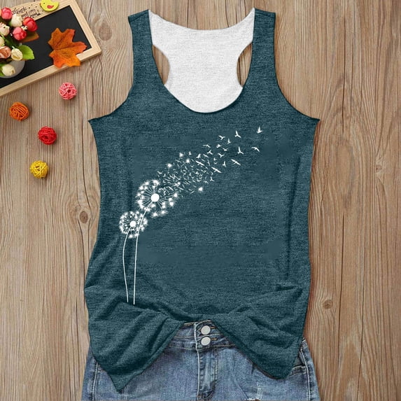 Womens Ribbed Racerback Tank Tops Dandelion Print Sleeveless Shirts Summer Dressy Casual Basic Trendy Clothes