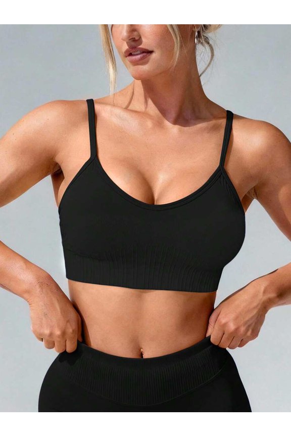 Womens Ribbed Seamless Sports Bra Black-2 - Thin Straps, Compression Fit, Active Wear