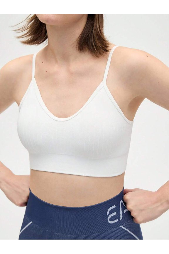 Womens Ribbed Seamless Sports Bra White-2 - Thin Straps, Compression Fit, Active Wear