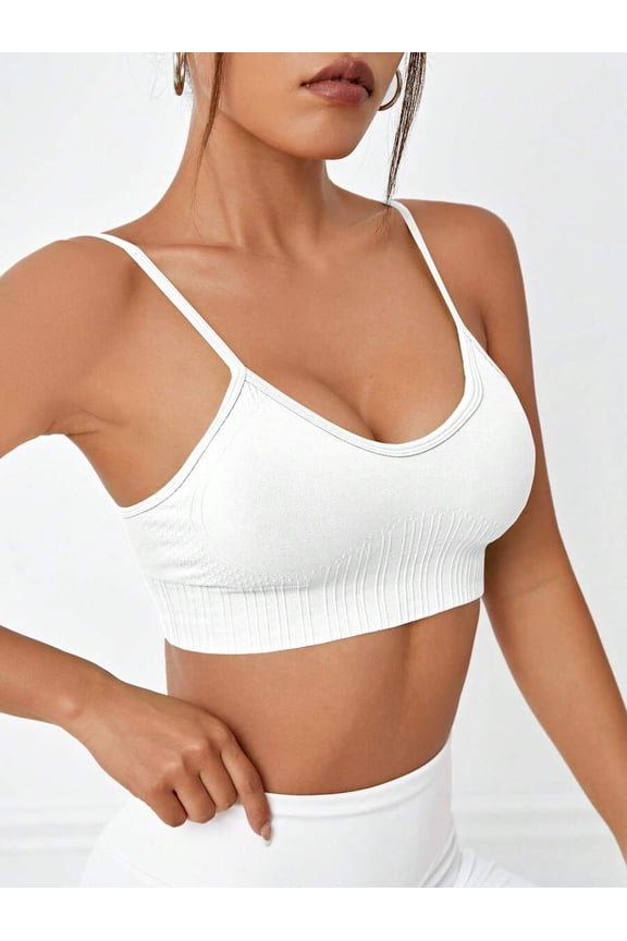 Womens Ribbed Seamless Sports Bra White-3 - Thin Straps, Compression Fit, Active Wear