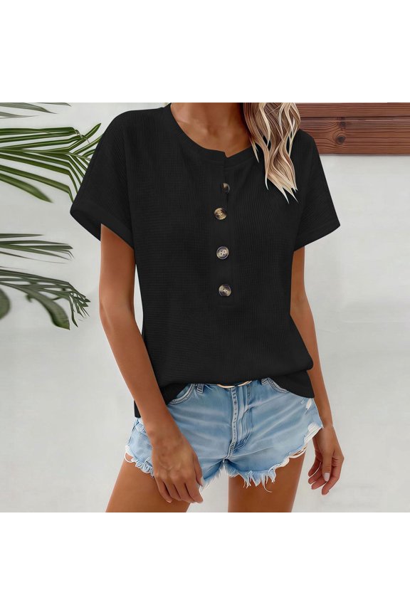 Womens Ribbed Short Sleeve Button Front Top, Relaxed Fit Knit Shirt with High Low Hem, Black,Size 2XL