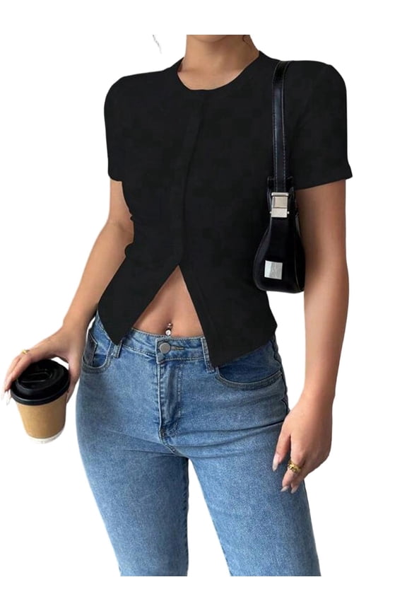 Womens Ribbed Short Sleeve Going Out Tops Button Down Up Cardigan Sweaters Lightweights Black L