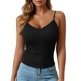 thumbnail image 1 of Womens Ribbed Solid Color Adjustable Camisole Sleeveless V Neck Spaghetti Strap Tank Tops Basic Shirt Built in Bra Black, 1 of 4