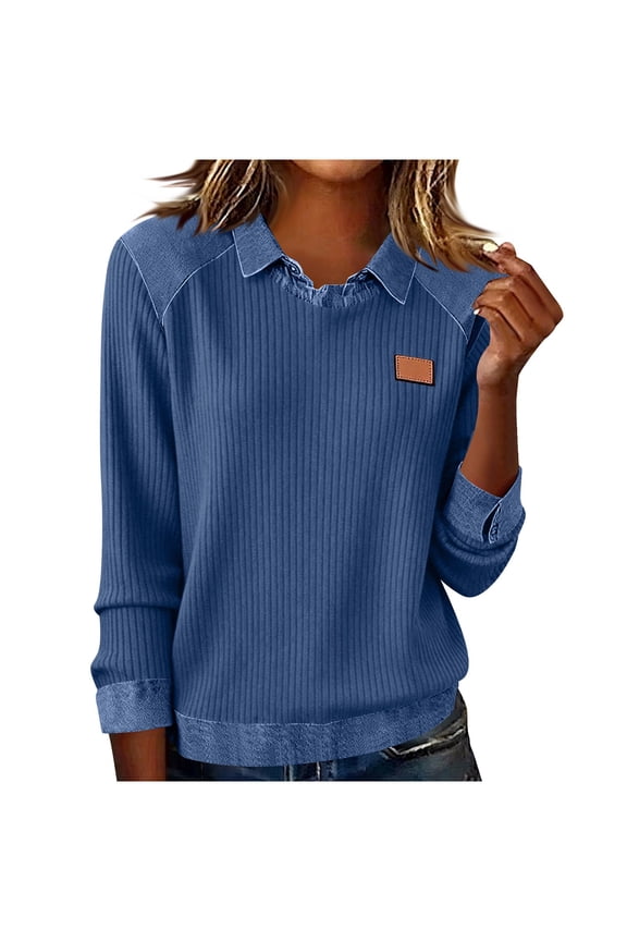 Womens Ribbed Spring Clothes, 3/4 Sleeve Shirts for Women Summer Casual Vintage Denim Patchwork Lapel Crewneck T-Shirts