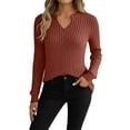 thumbnail image 1 of Womens Ribbed Spring Clothes, Fall Sweaters for Women Fashion Loose Fit Solid Color Notch V Neck Long Sleeve Pullover, 1 of 6