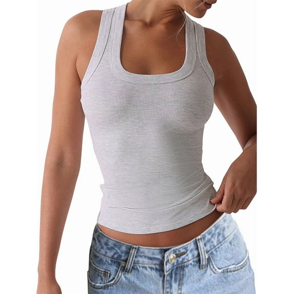Womens Ribbed Square Neck Tank Tops Basic Backless Sleeveless Summer Camisole 2025 Grey M