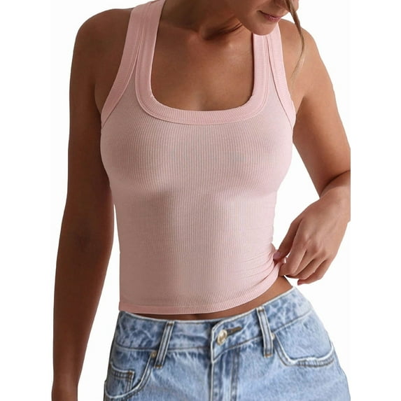 Womens Ribbed Square Neck Tank Tops Basic Backless Sleeveless Summer Camisole Pink L