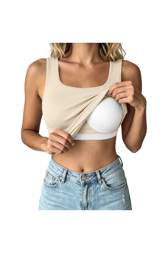 Womens Ribbed Square Neck Tank Tops,Build in Bra Sleeveless Slim Fit Basic Solid Color Summer Cami Shirts Beige S