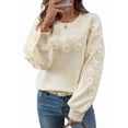 thumbnail image 1 of Womens Ribbed Sweater Crew Neck Short Sleeve Loose Fit Floral Knit Pullover Tops Cream White XL, 1 of 9