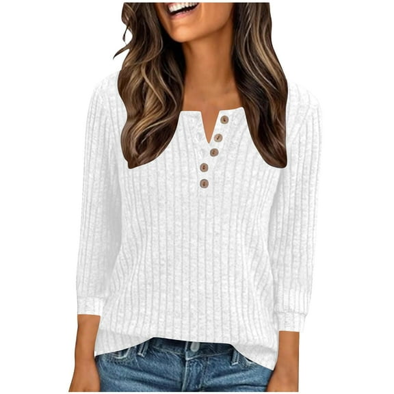 Womens Ribbed Sweater Tops 3/4 Length Sleeve T Shirts Dressy Casual Button Down Blouses Spring Fall Clothes