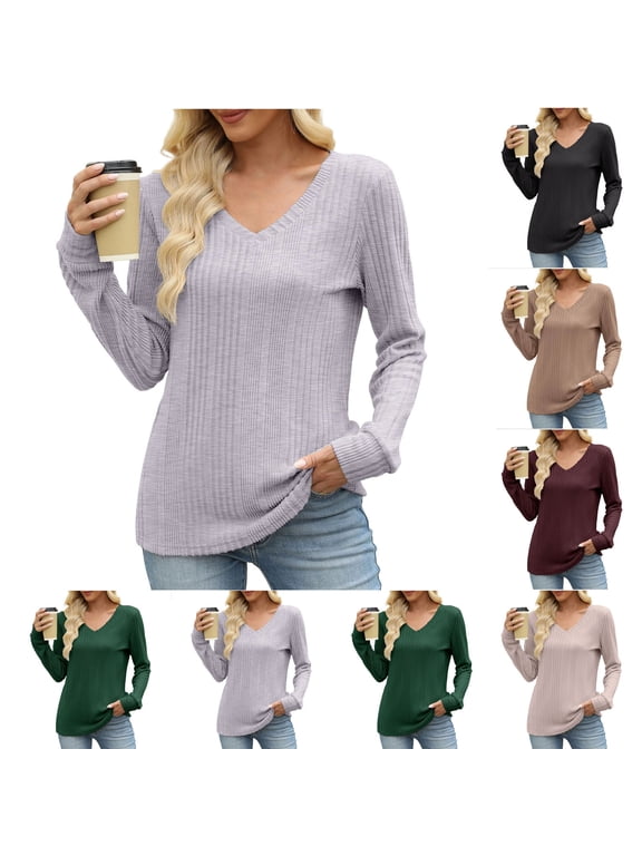 Womens Ribbed Sweaters Long Sleeve Tops V Neck Knit Shirts Casual Blouses Soft Fall Fashion Tops Trendy Dressy Clothes 2026 Wine XXL