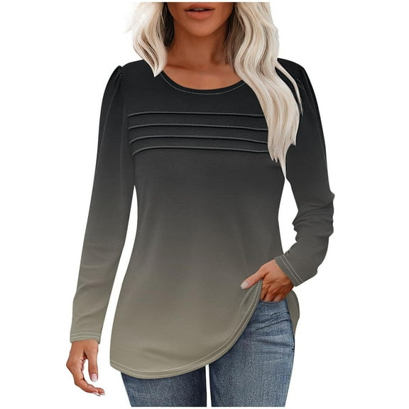 Womens Ribbed T-Shirt, Long Sleeve Shirts for Women Fall Casual Loose Fit Ombre Tie Dye Crewneck Tees Shirt Tops