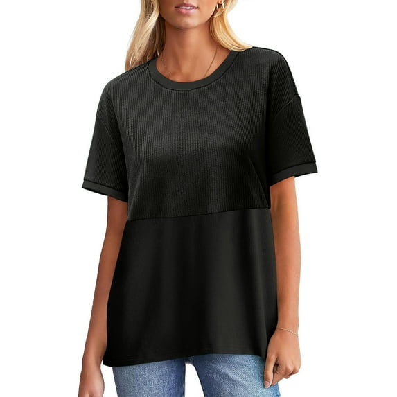 Womens Ribbed T-Shirts, Short Sleeve Shirts for Women Summer Casual Loose Fit Solid Color Crewneck Tees Basic Tops