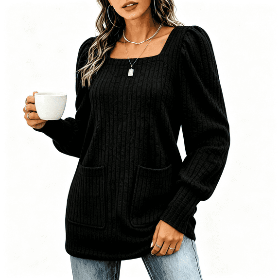 Womens Ribbed T Shirts with Pockets Squareneck Loose Fit Casual Puff Long Sleeve Fall Fashion Tops Black M