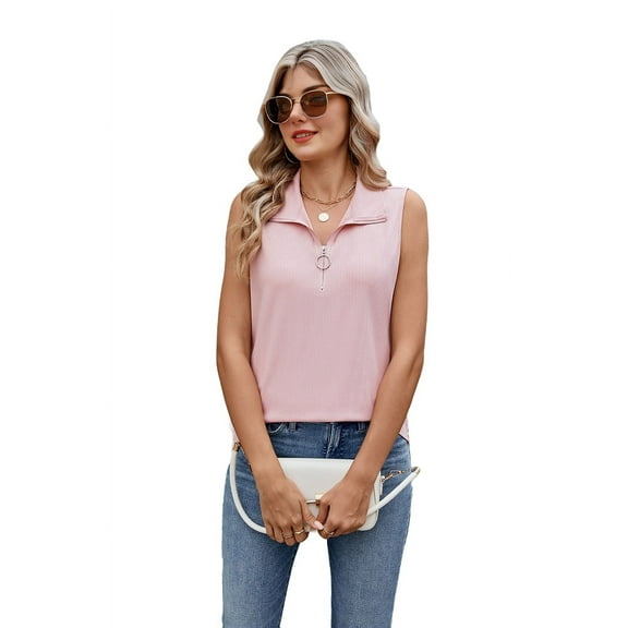 Womens Ribbed Tank Top Zipper V Neck Dressy Casual Blouses Sleeveless Camisole Tops Work Tank Shirts Pink L