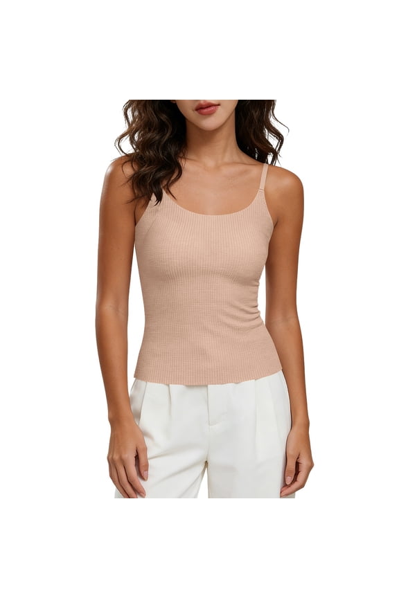 Womens Ribbed Tank Tops Basic Adjustable Strap Causal Cami Top Built in Bra Slm-Fit Plain Summer Shirts( Beige, L )