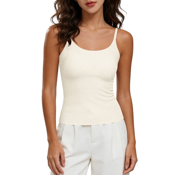 Womens Ribbed Tank Tops Basic Adjustable Strap Causal Cami Top Built in Bra Slm-Fit Plain Summer Shirts( White, L )