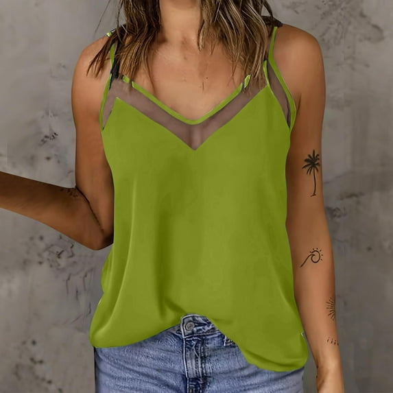 Womens Ribbed Tank Tops Fashion For Summer/Spring Solid Colors Lace Patchwork V-Neck Straps Summer Waistcoat — Green∣5XL