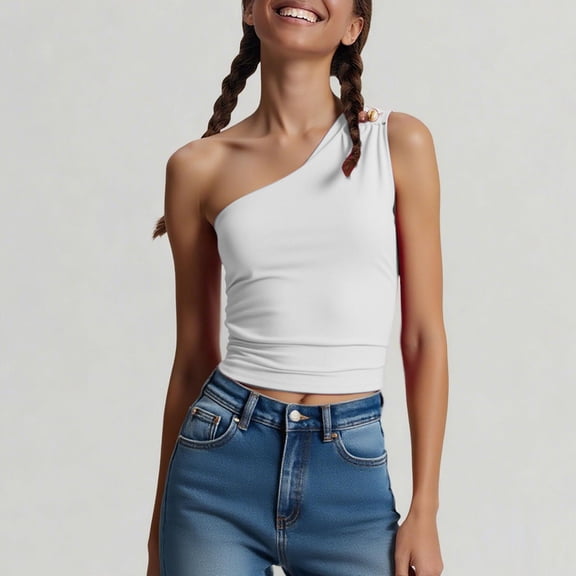 Womens Ribbed Tank Tops Fashion For Summer/Spring Solid-color Shoulder Streetwear For And Slim With A Light And Personalized Look Summer Tops — White∣L