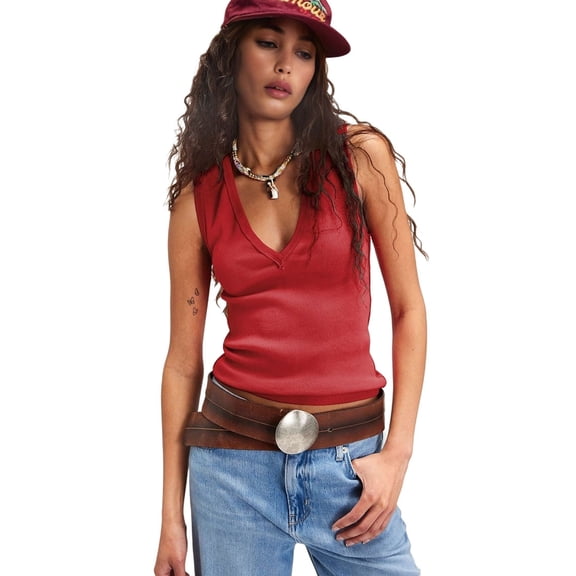 Womens Ribbed Tank Tops Summer Slim Fit V Neck Tops Casual Basic Knit Sleeveless Shirts Wine Red XL