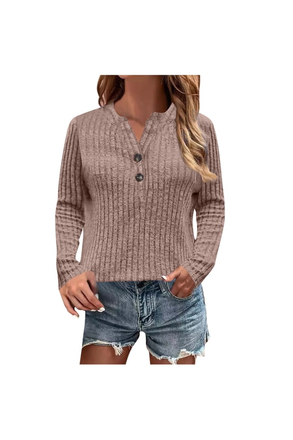 Womens Ribbed Thin Sweater, Long Sleeve Pullover for Women Fall Fashion Loose Fit Solid Color Button Up V Neck Sweaters S-3XL