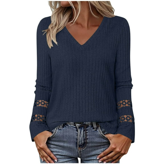 Womens Ribbed Thin Sweaters, Long Sleeve Pullover for Women Fall Fashion Loose Fit Solid Color Hollow V Neck Sweatshirts