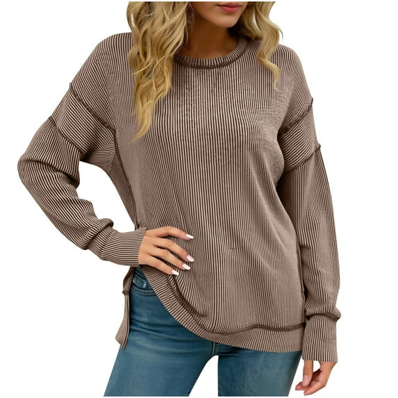 Womens Ribbed Thin Sweaters, Long Sleeve Pullover for Women Fall Fashion Loose Fit Solid Color Side Slit Crewneck Sweatshirts S-2XL