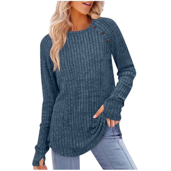 Womens Ribbed Tunic Tops, Long Sleeve Pullover for Women Fall Fashion Warmth Fleece Sherpa Solid Color Crewneck Sweatshirts with Oblique Buttons